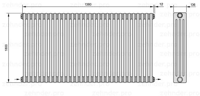 Схема (чертеж) Радиатор Zehnder Charleston 4180/30 №2670 Белый глянцевый RAL 9016